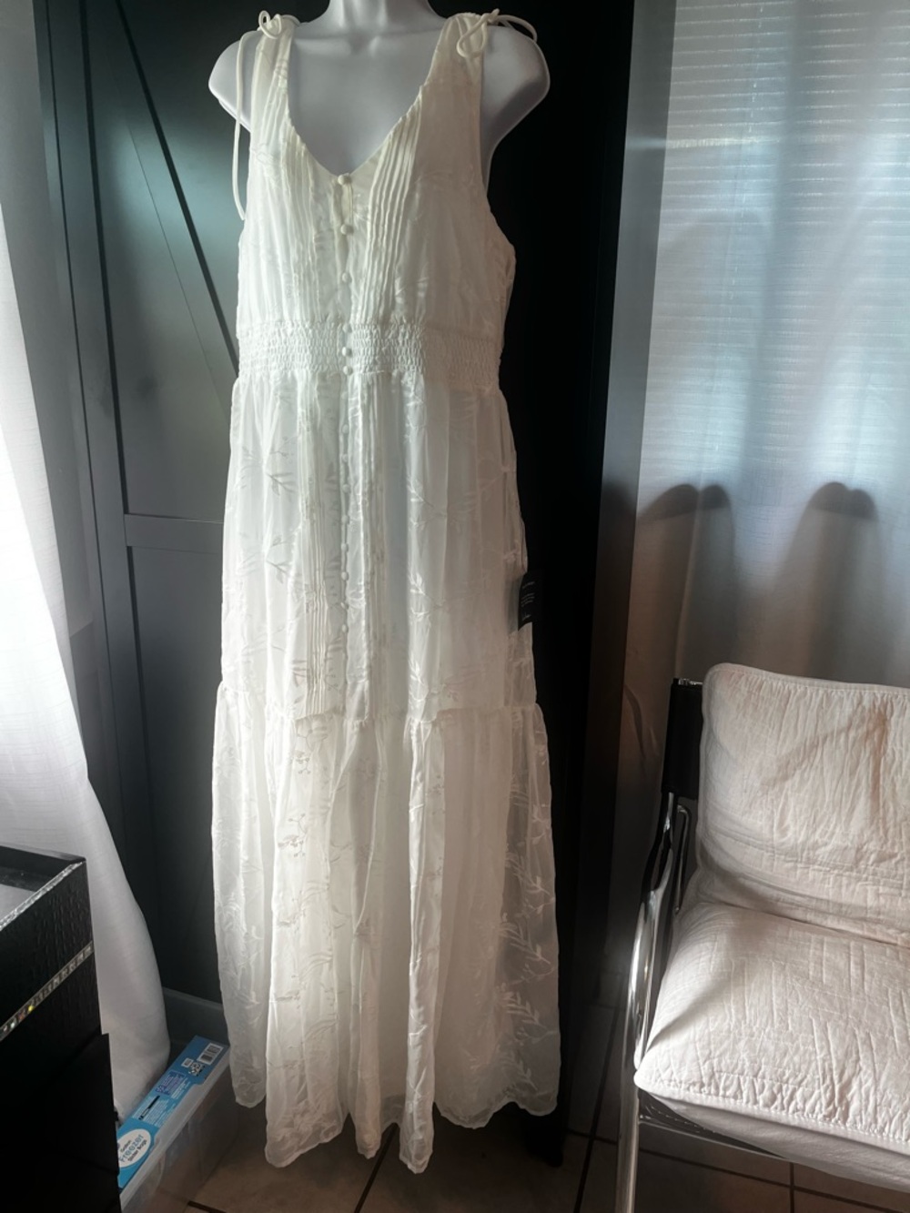 Lulu's Ivory Tie-Shoulder Embroidered Maxi Dress